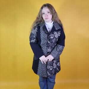 Weavz Black Floral Patchwork Pea Coat, L